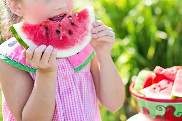 young girl eating a watermelon wearing a pink dress healthy eating habits for children Middle Class Dad