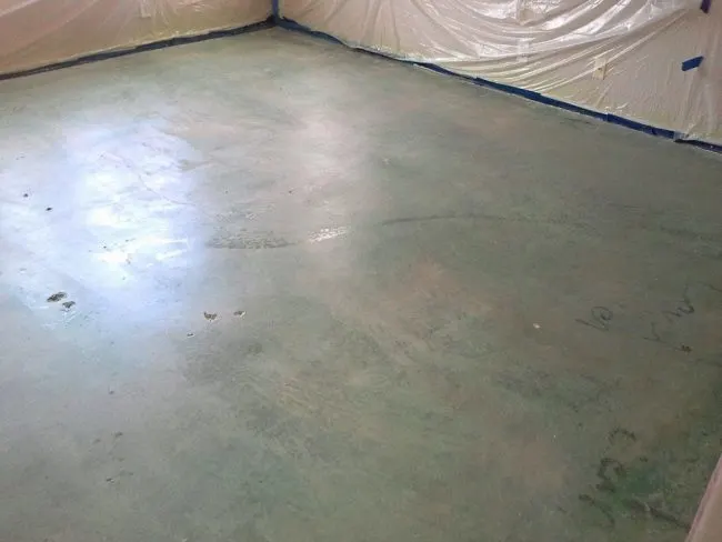 how to stain interior concrete floors Middle Class Dad 1st coat of blue stain
