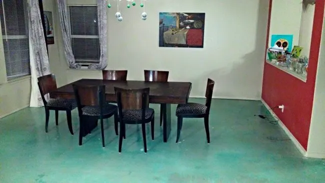 how to stain interior concrete floors Middle Class Dad dining room floor stained turquoise blue
