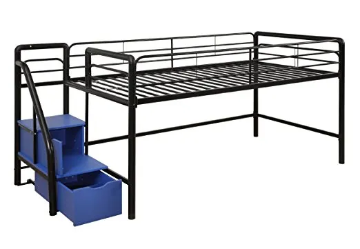 DHP Junior Twin Metal Loft Bed with Storage Steps, Space-Saving Solution, Multifunctional, Black with Blue Steps best mattress for kids Middle Class Dad 