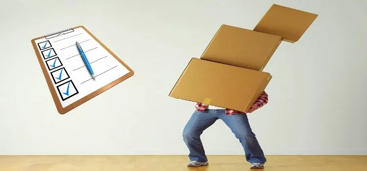 stay organized with a printable moving checklist Middle Class Dad man carrying 3 moving boxes with a checklist and pen