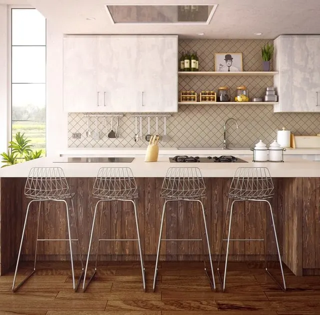 kitchen splashback ideas modern kitchen with 4 metal barstools Middle Class Dad