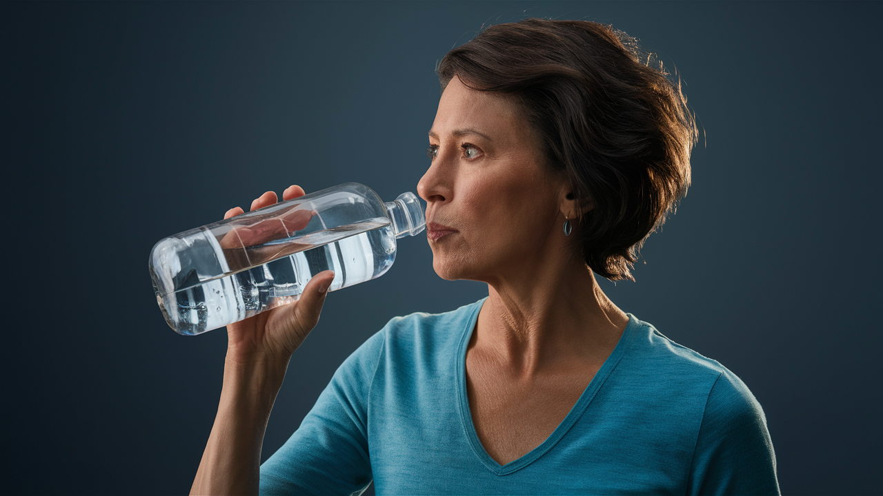 a 40 year old woman drinking water from a large quart-sized water bottle