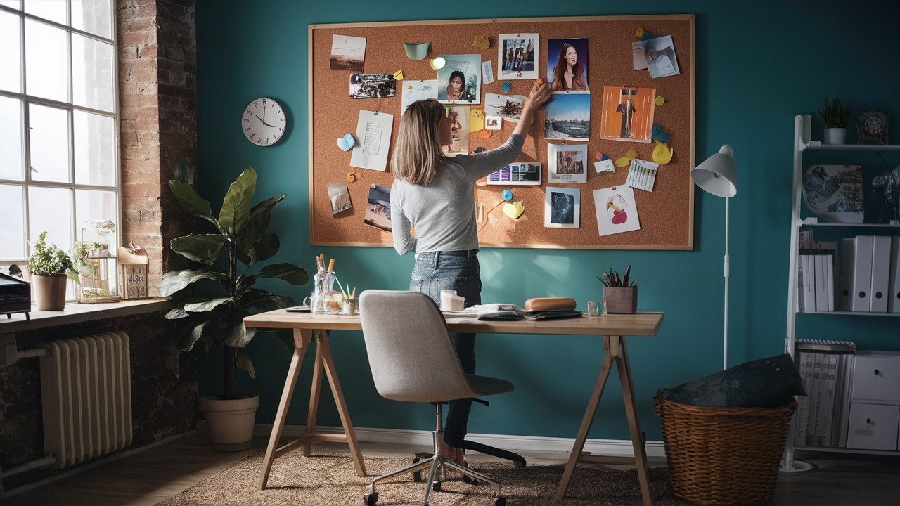 a 40 year old woman in a home office creating a vision board on a large corkboard on 1 wall