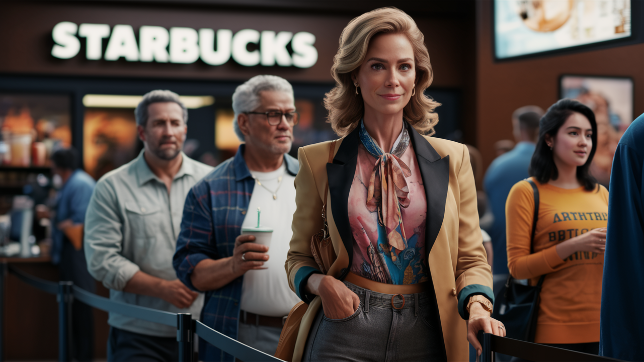 a 40 year old woman in line at Starbucks with 3 people in line behind her