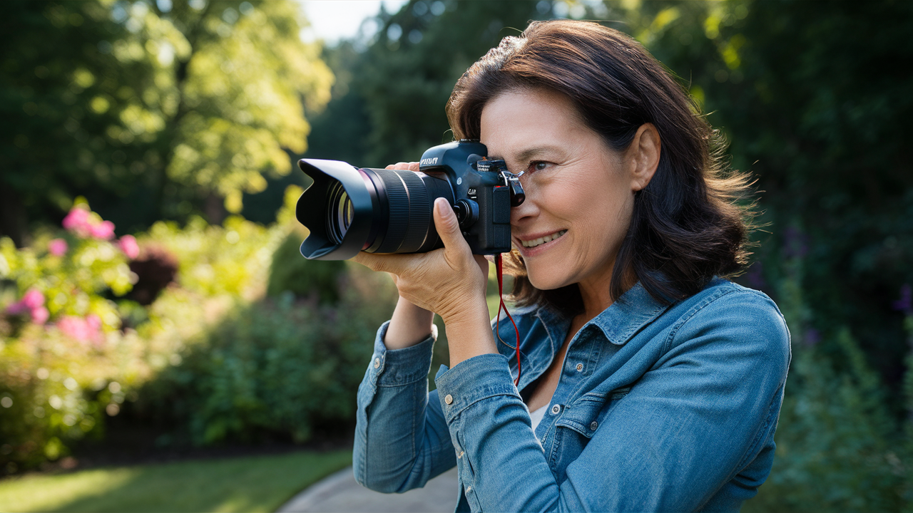 a 40 year old woman with a professional camera taking pictures in a beautiful garden
