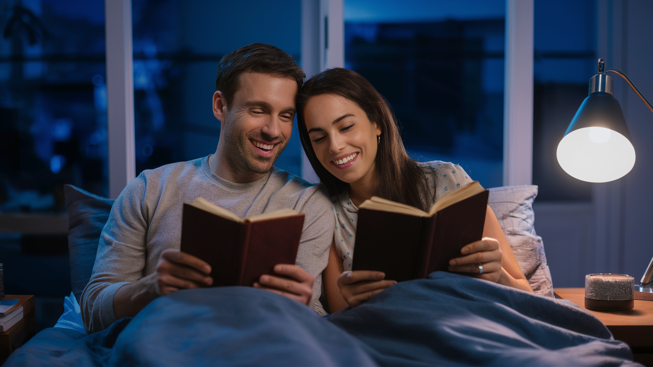 a couple in bed at night both reading books and smiling