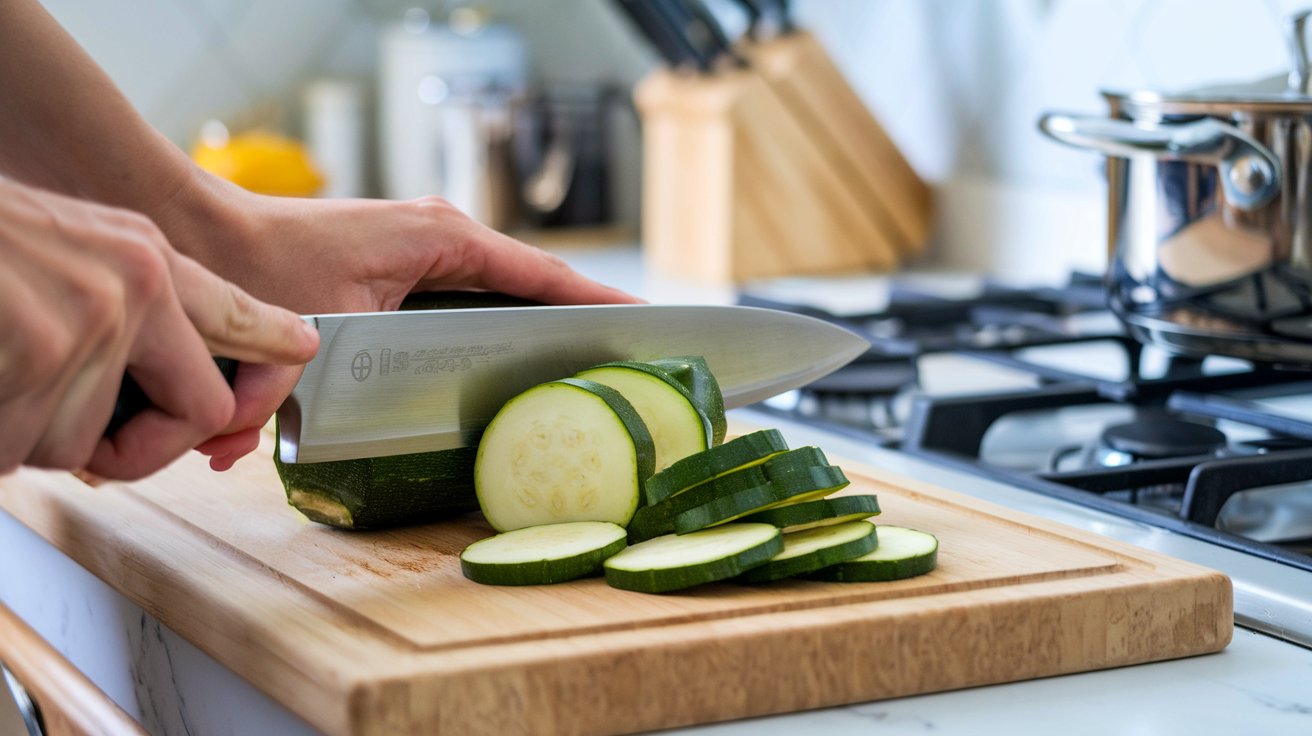 a cutting board in a beautiful kitchen with hands using a kitchen knife to slice zucchini into slices