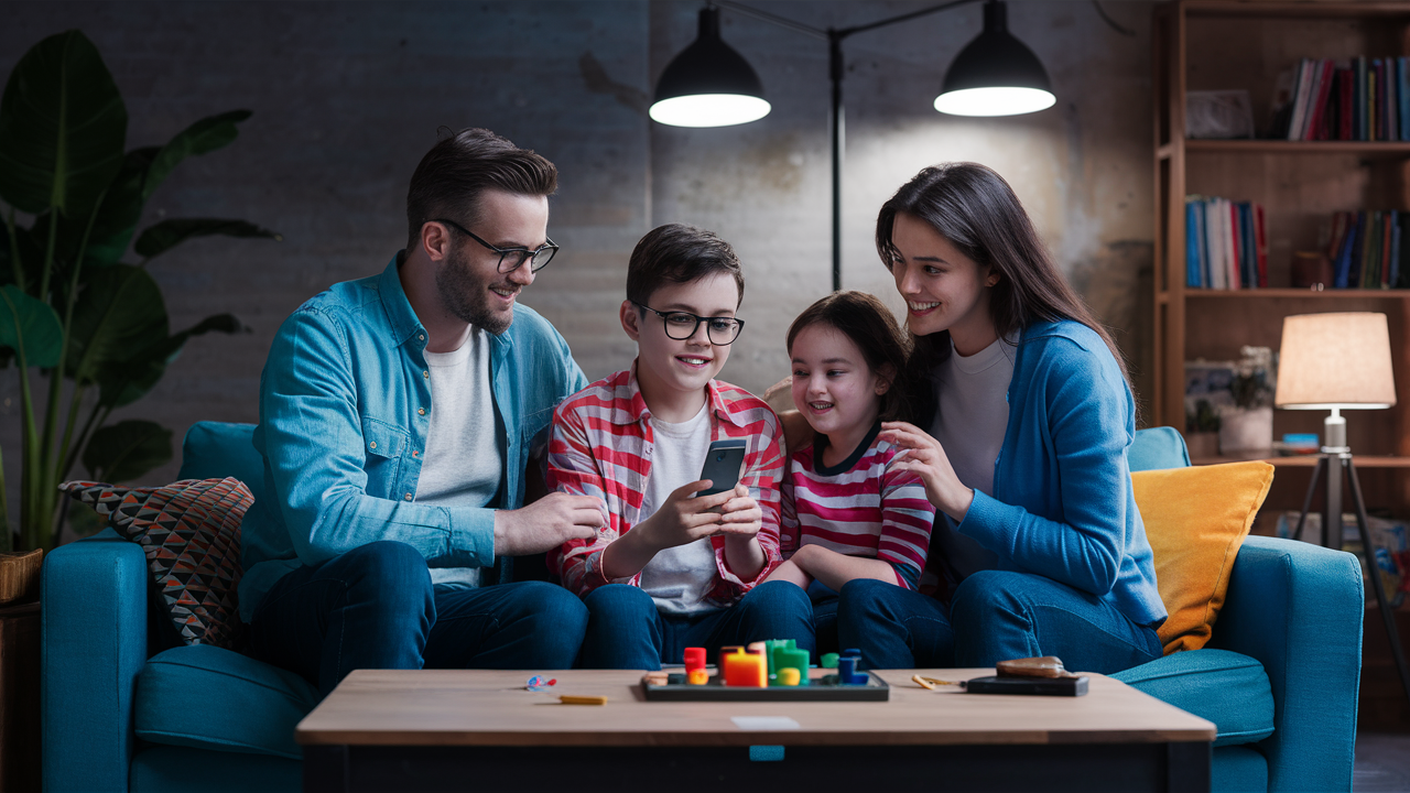 a family sitting on a couch playing the game Head's Up with an iPhone