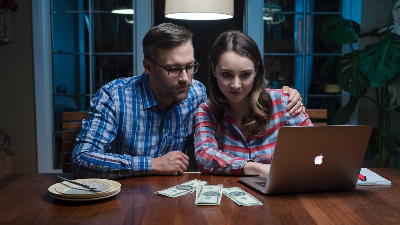 a husband and wife sitting at the dining table with a laptop open to an Excel spreadsheet and there are a few small piles of 20 dollar bills on the table