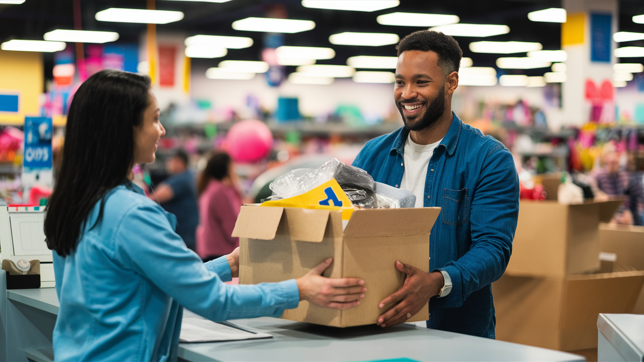 a man smiling handing a large box of donation items to a Goodwill employee at a counter in the store