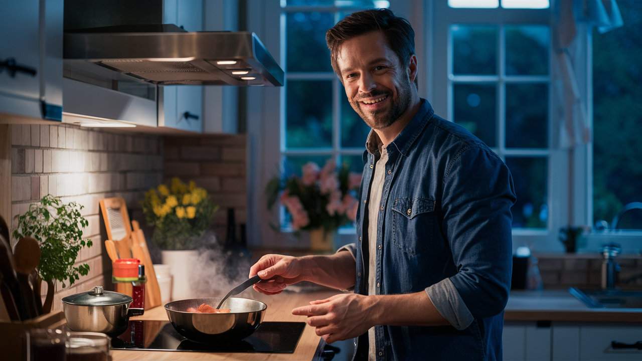a man smiling in his kitchen while he is cooking at the stove