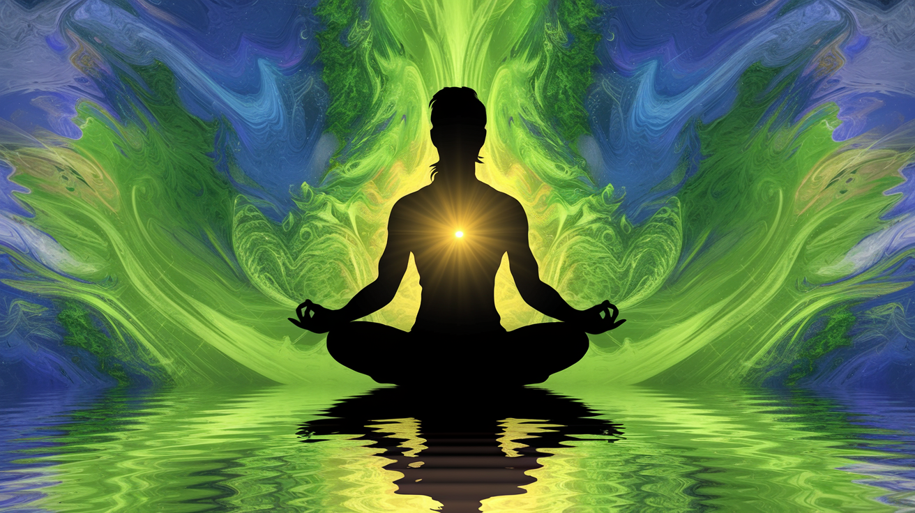 A silhouette of a person seated in a meditative pose against a vibrant backdrop of swirling green and blue colors