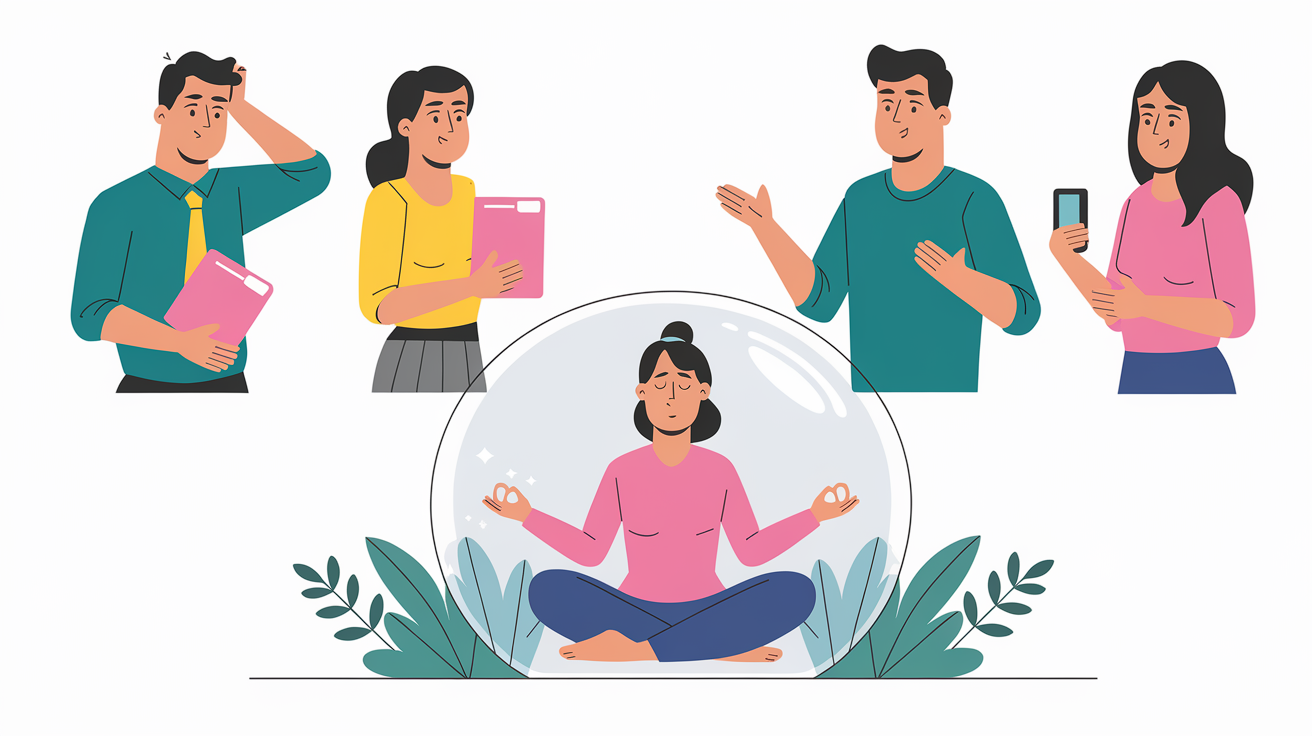 A white background with four illustrated characters. In the center, a woman in a pink dress and blue pants is seated inside a transparent bubble, meditating with her hands in a lotus position