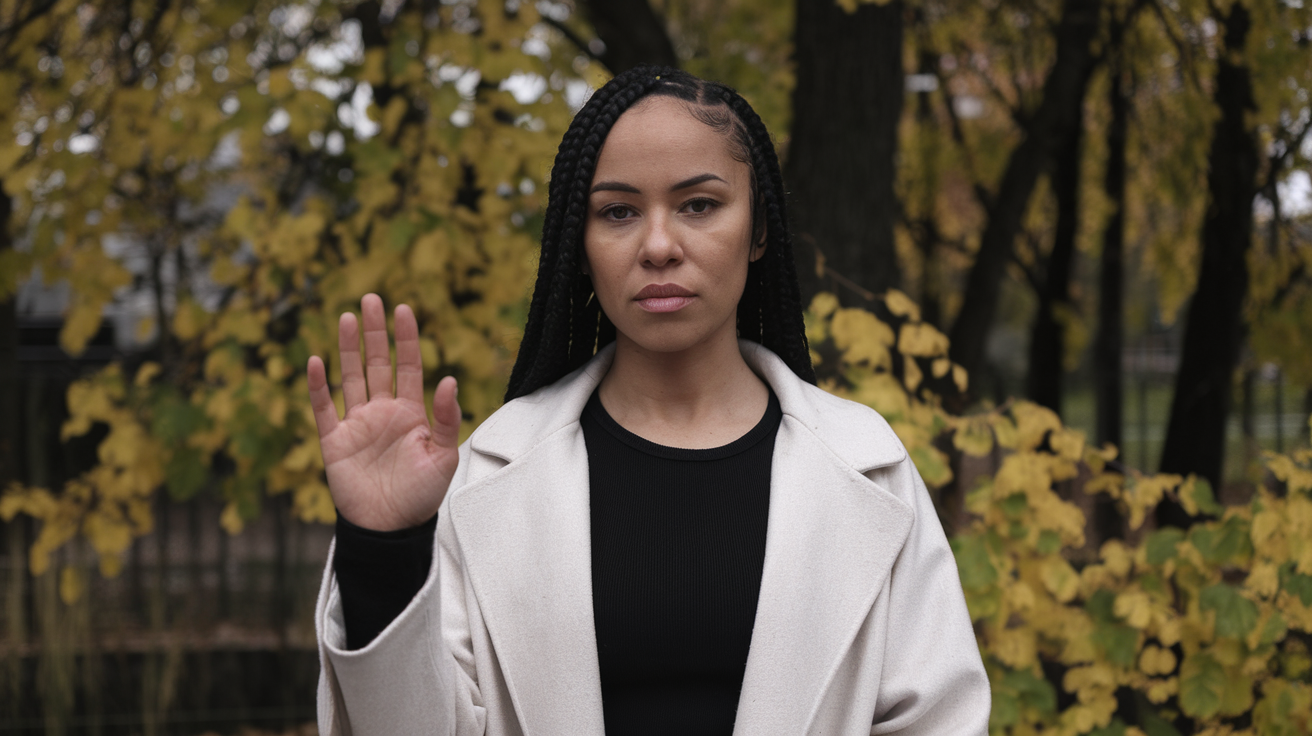 A woman wearing a light-colored coat and a black top. Her right hand is raised, palm facing outward
