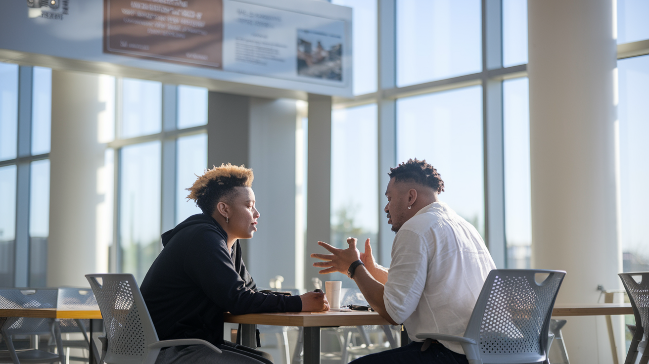 two people at a table having an intense conversation