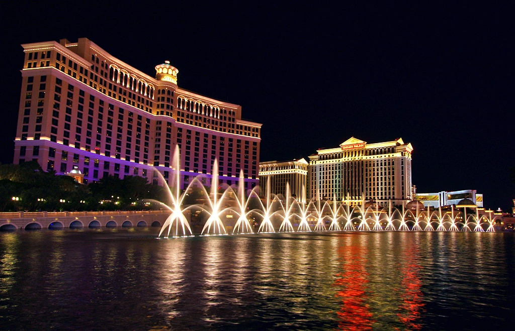Bellagio Fountains at night in Las Vegas