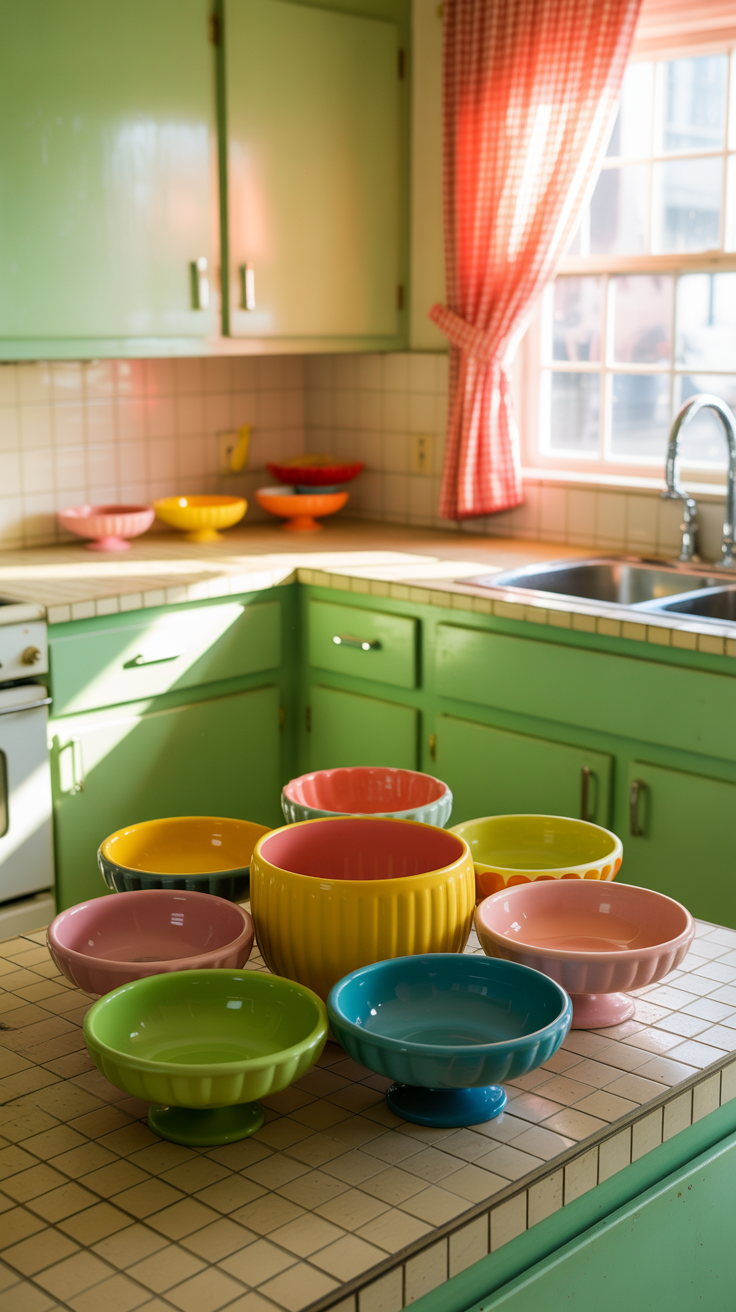a collection of colorful, kitschy, retro, quirky fruit bowls