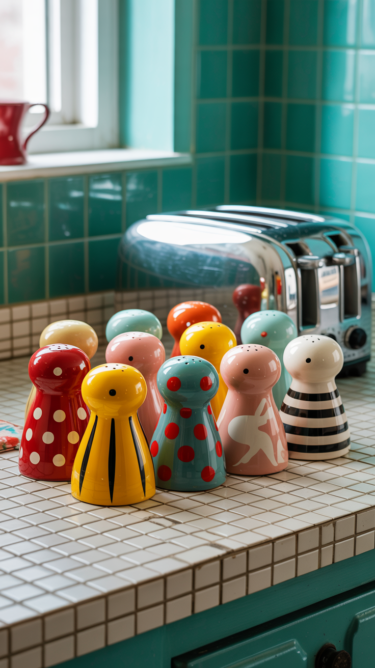 a collection of colorful, kitschy, retro salt and pepper shakers