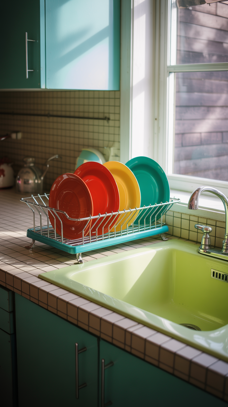 a retro dish rack next to the sink. Colorful, retro dishes should be drying in the dish rack