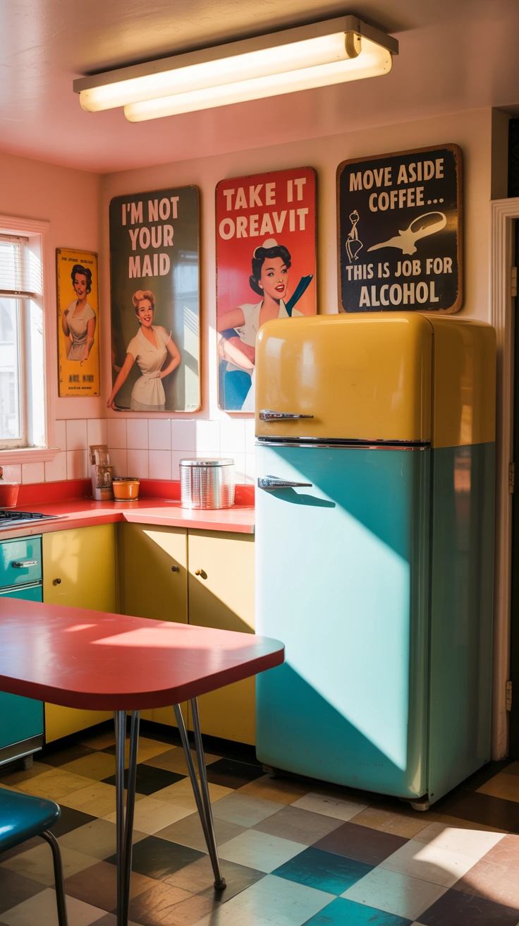 a retro kitchen scene with retro kitchen signs