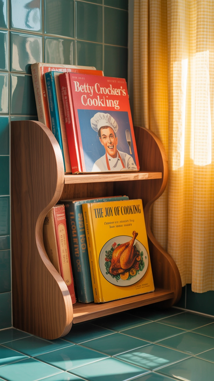 retro kitchen scene with vintage cookbooks