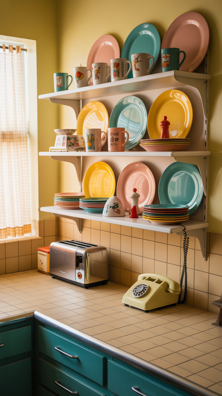 display shelf for colorful, kitschy tableware