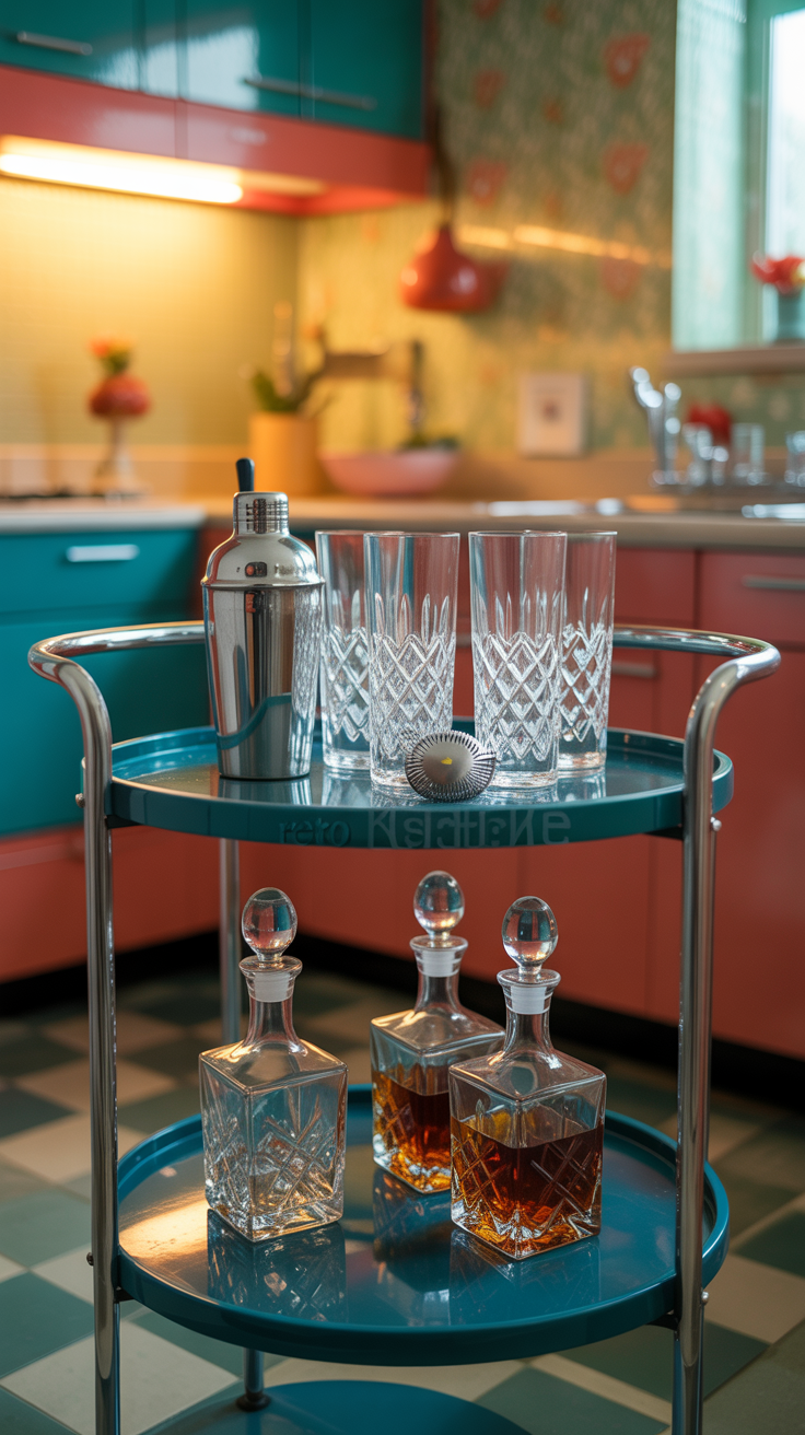 kitschy retro bar cart with a cocktail shaker, cocktail shaker strainer, 6 lead crystal highball glasses, and 3 matching lead crystal liquor decanters