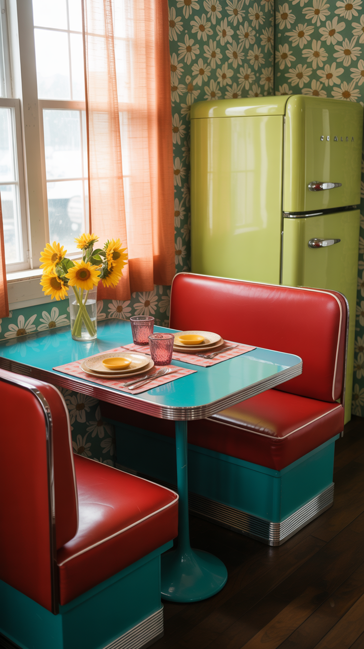 retro kitchen scene with a cozy breakfast nook area with retro decor
