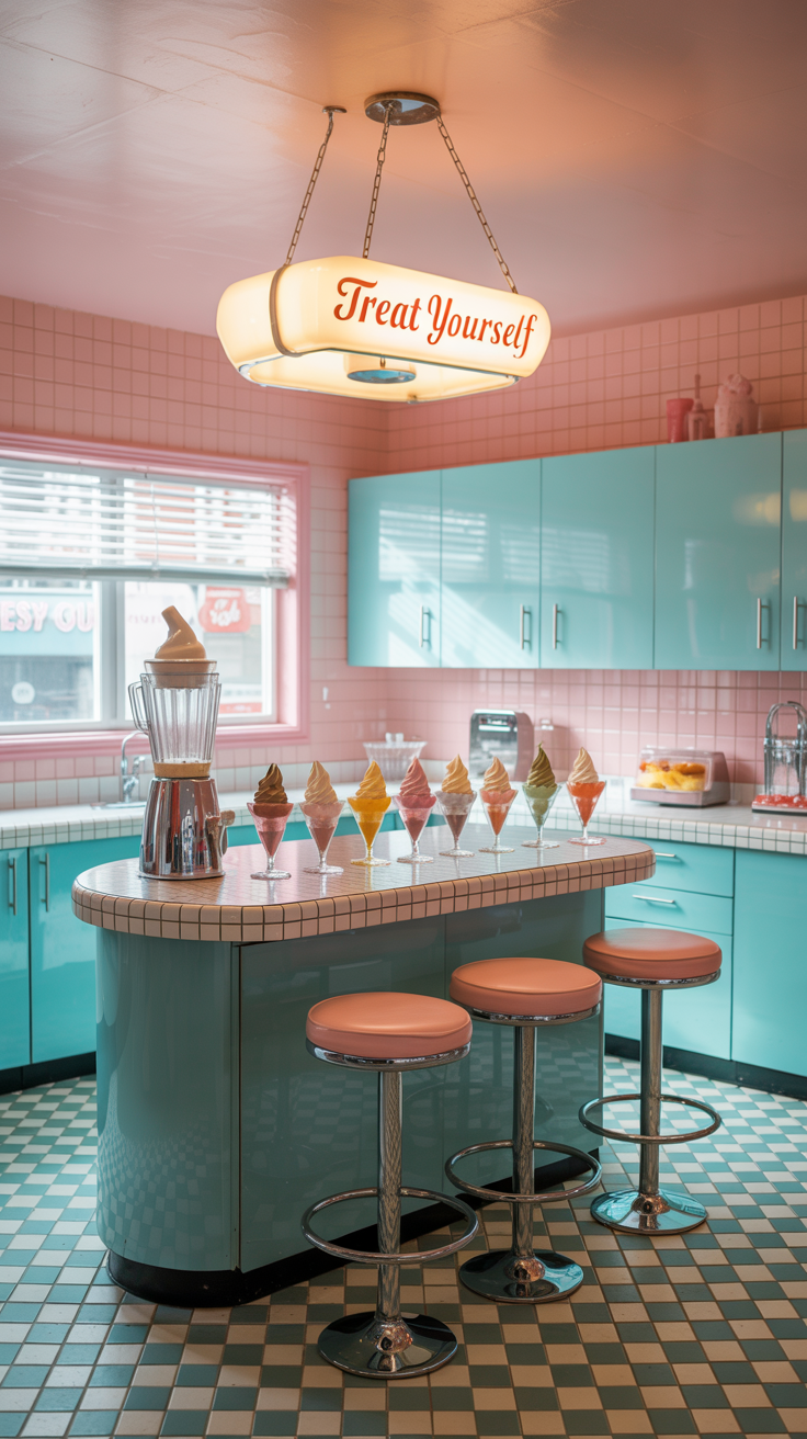  retro kitchen scene with a display area that gives classic ice cream parlor vibes