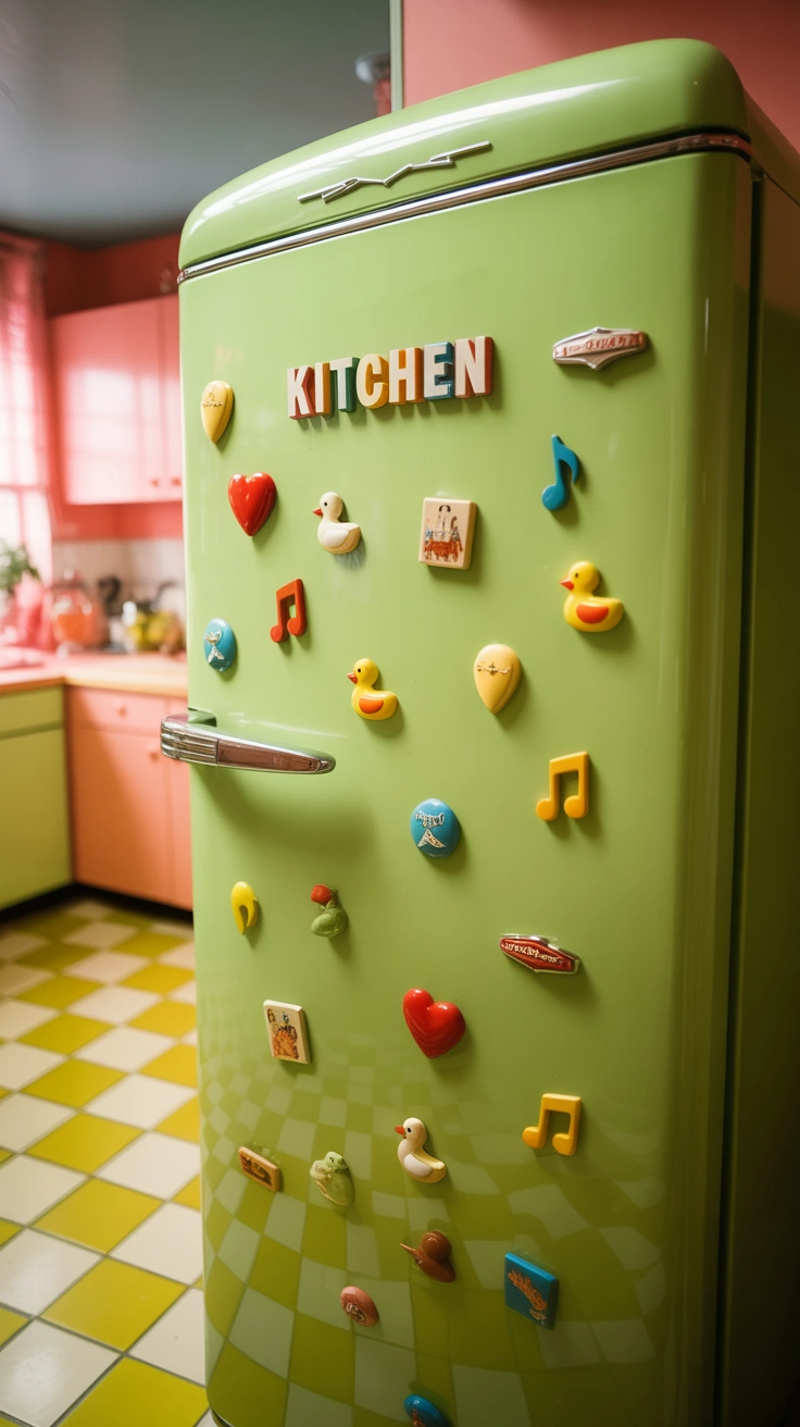 retro kitchen scene with a retro refrigerator magnets on a vintage fridge