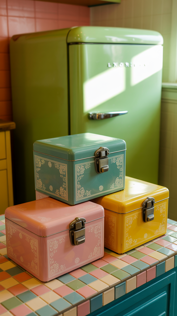 retro kitchen scene with a series of 3 vintage recipe boxes on the kitchen counter