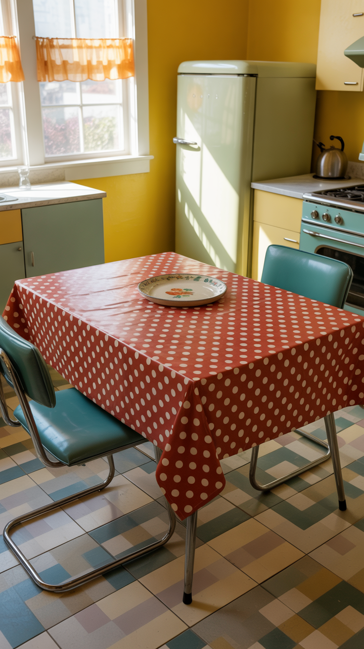 retro kitchen scene with a vintage tablecloth on a retro dining table
