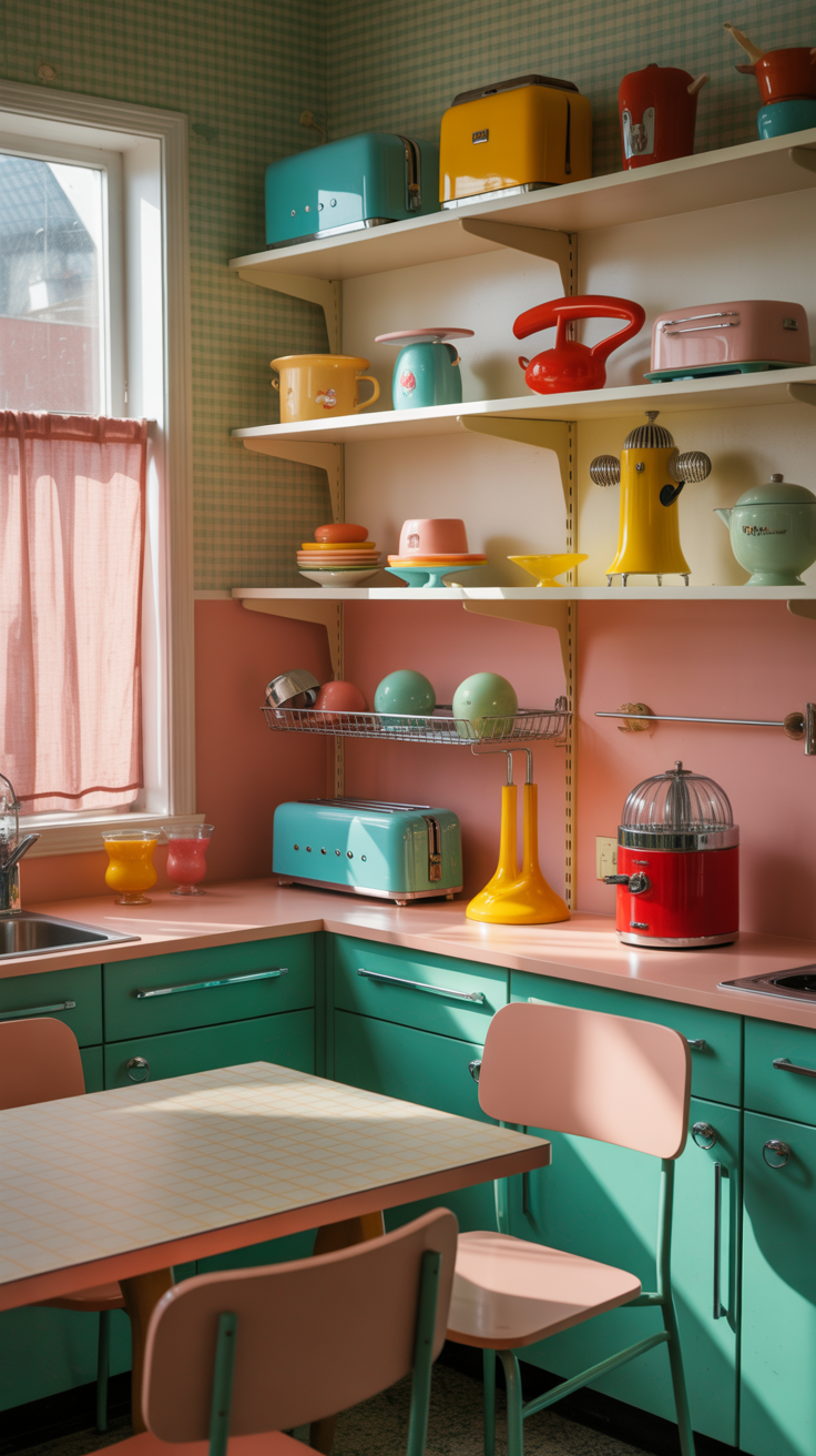 retro kitchen scene with mid-century modern wall shelves displaying a collection of Bakelite kitchen gadgets