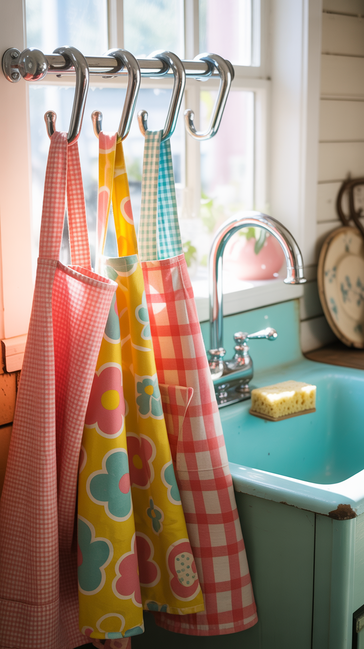 retro kitchen scene with vintage kitchen towels and aprons hanging from a vintage retro chrome hanging set of hooks
