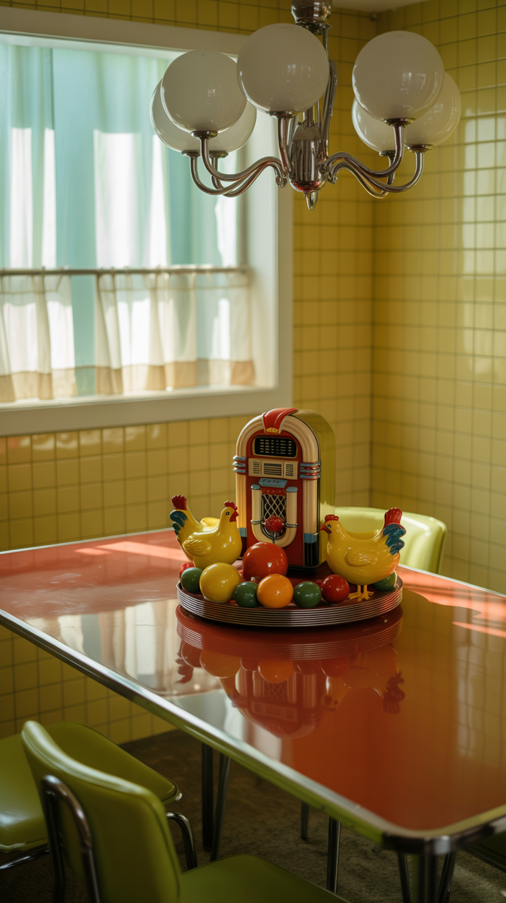 retro kitchen with a chrome chandelier