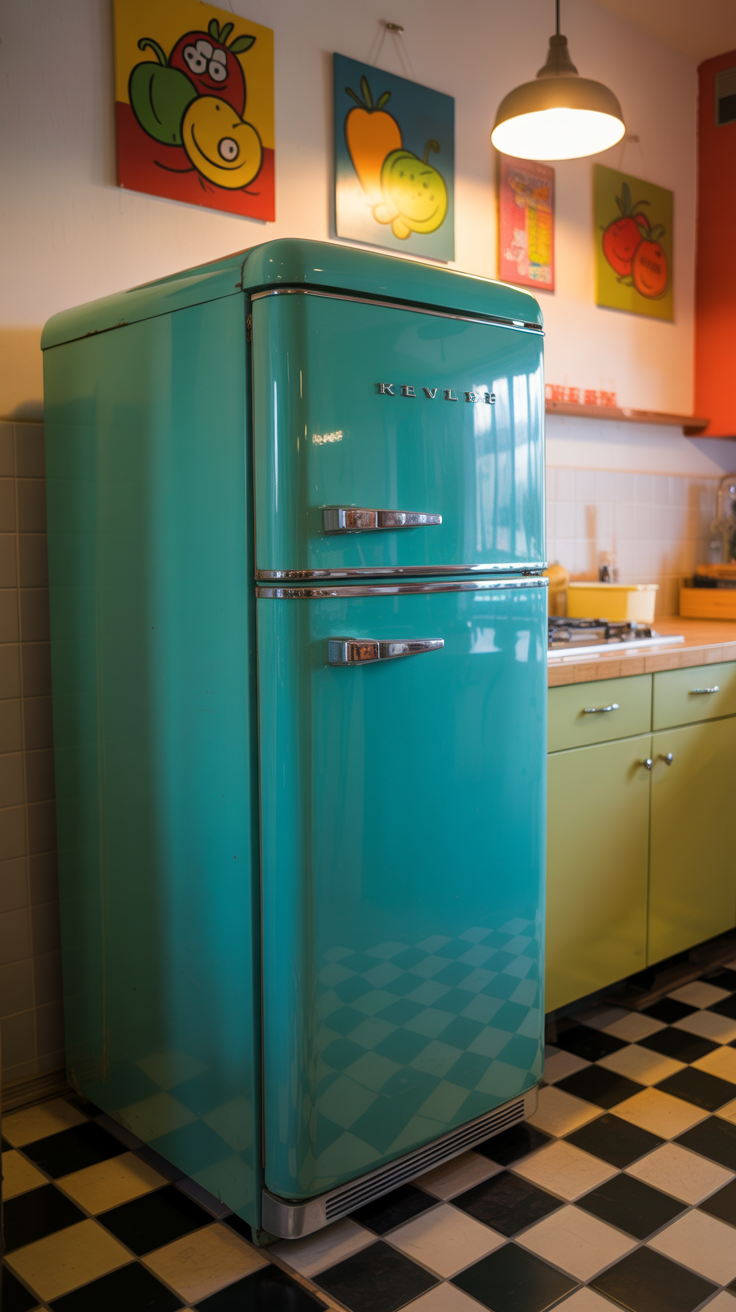 retro refrigerator in a colorful, kitschy kitchen