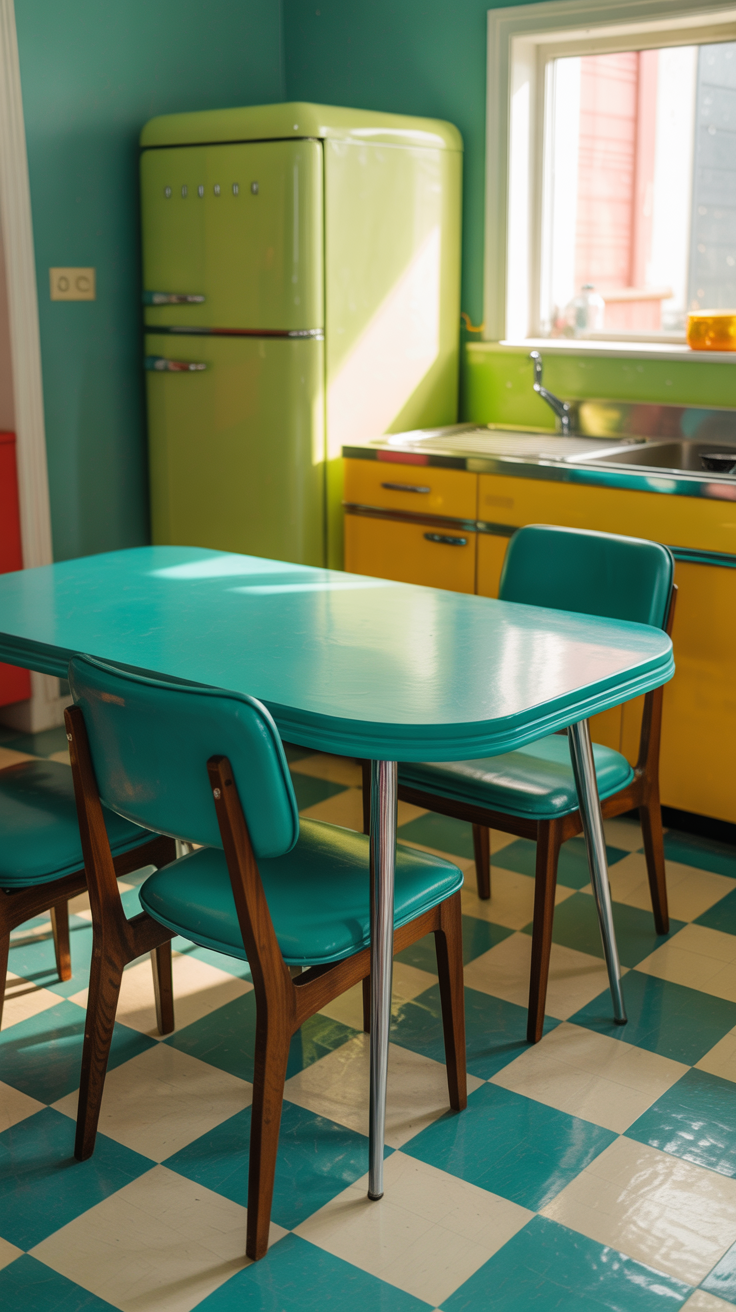 vintage retro kitchen scene with a mid-century modern dining table and chair set