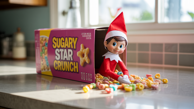 Tip over a cereal box on the counter. Scatter some cereal pieces around. Sit an elf on the shelf doll inside the box like he caused the mess.