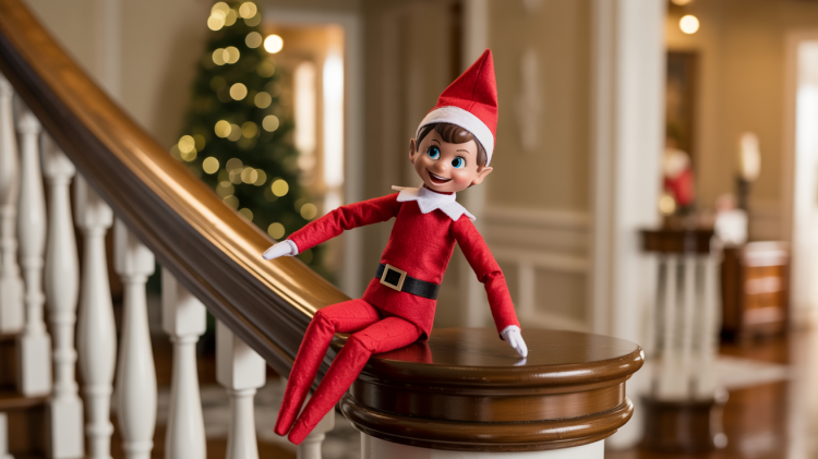 a cheerful elf on a shelf doll joyfully sliding down a polished wooden banister railing