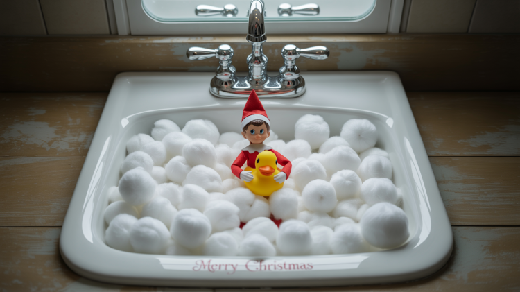 a miniature elf on the shelf doll nestled in a white porcelain sink overflowing with fluffy white cotton balls resembling giant bubbles