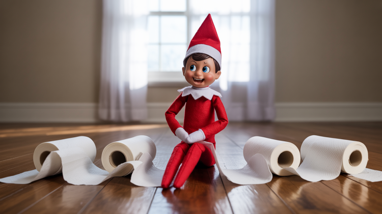 a mischievous elf on the shelf doll perched precariously at the edge of a hardwood floor