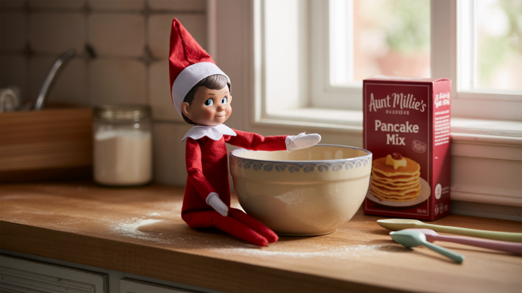 a small, rosy-cheeked elf on a shelf doll perched attentively next to a ceramic mixing bowl