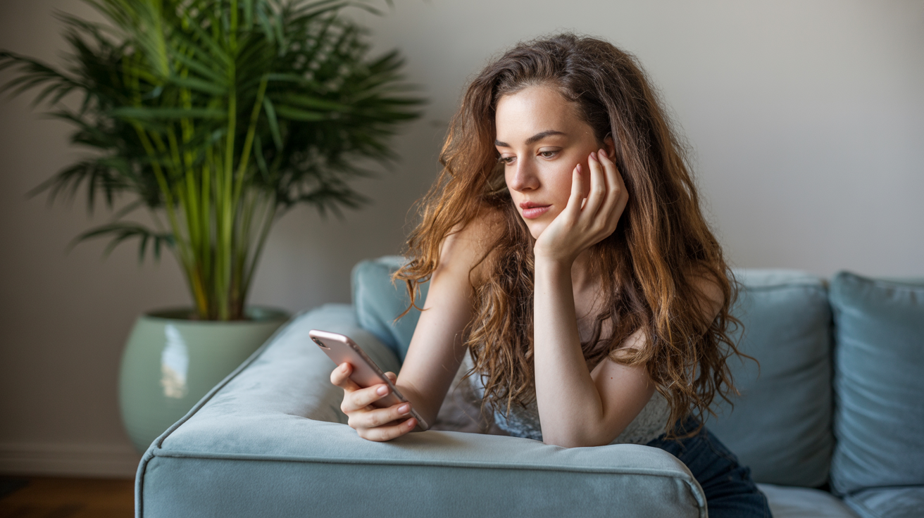 a young woman seated on a plush, dove-gray velvet couch. Her long, wavy brown hair cascades over her shoulders as she gazes down at a smartphone