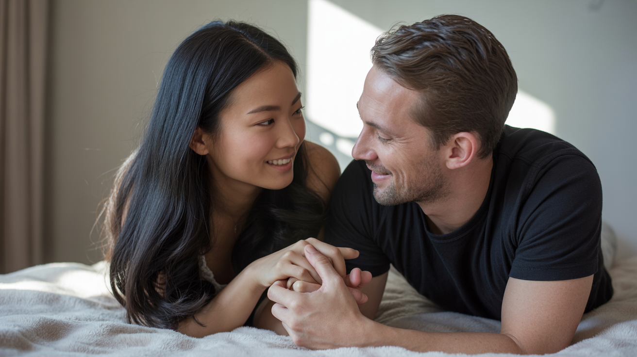 an Asian woman and a Caucasian man sharing a tender moment on a plush white bed