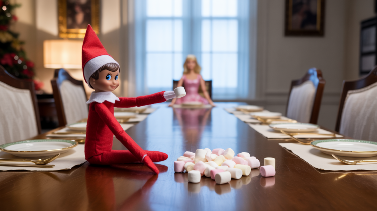 an Elf on the Shelf doll in a sitting in a cross-legged position at one end of a full-sized dining table, engaged in a pretend snowball fight with a seated Barbie doll