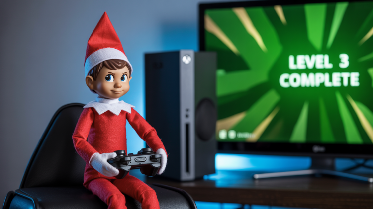an Elf on the Shelf doll intently focused on a video game