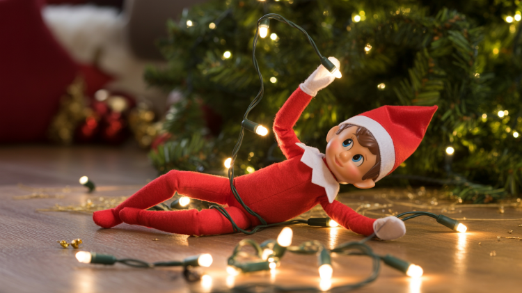 an Elf on the Shelf doll lying on a hardwood floor amidst a tangled string of warm white Christmas lights