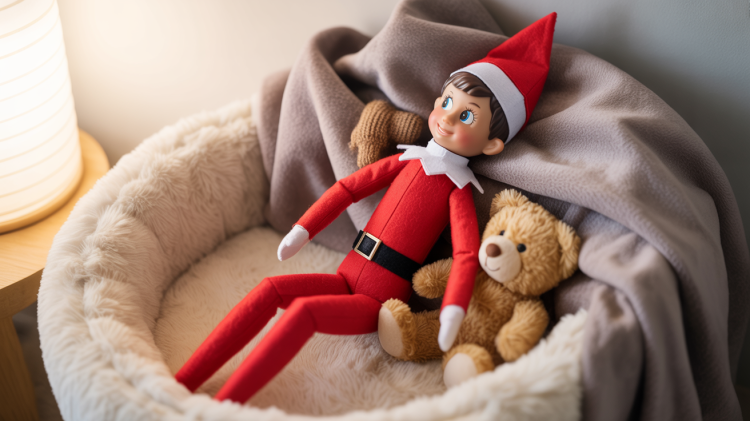 an Elf on the Shelf doll nestled comfortably within a plush, circular pet bed