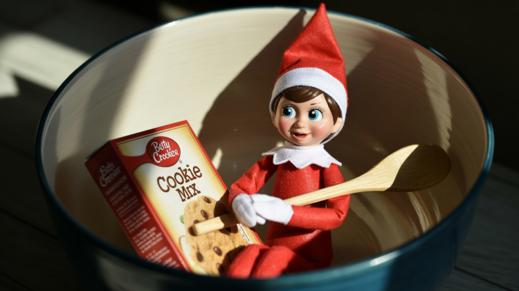 an Elf on the Shelf doll nestled inside a large, ceramic mixing bowl with a box of cookie mix